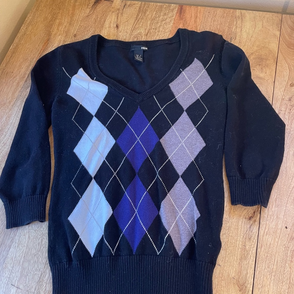 H&M ARGYLE 3/4 SLEEVE PURPLE BLACK SWEATER TOP L